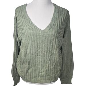 Oak and Meadow X-Large Sage Green V-Neck Knit Sweater Button Up Back NWT